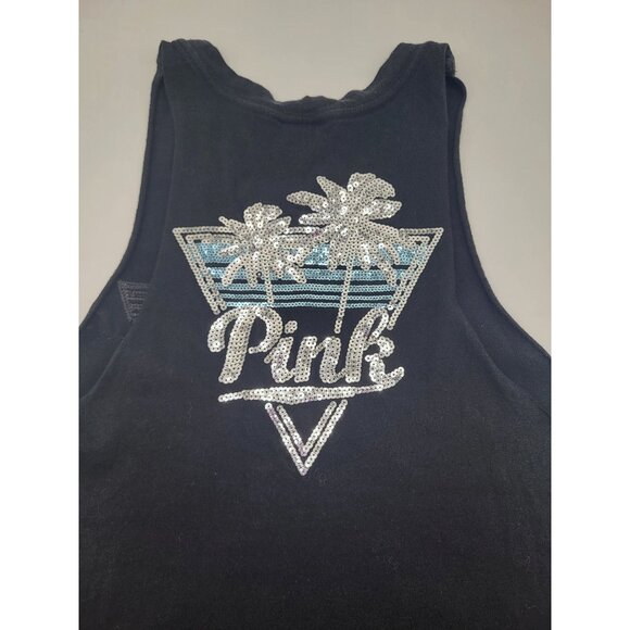 VS PINK Tank Top Womens XS Black Sleeveless Muscle Bling Logo y2k style Beach - Picture 2 of 7